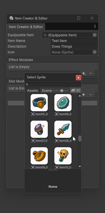 Creating an item in the Item Creator and Editor window