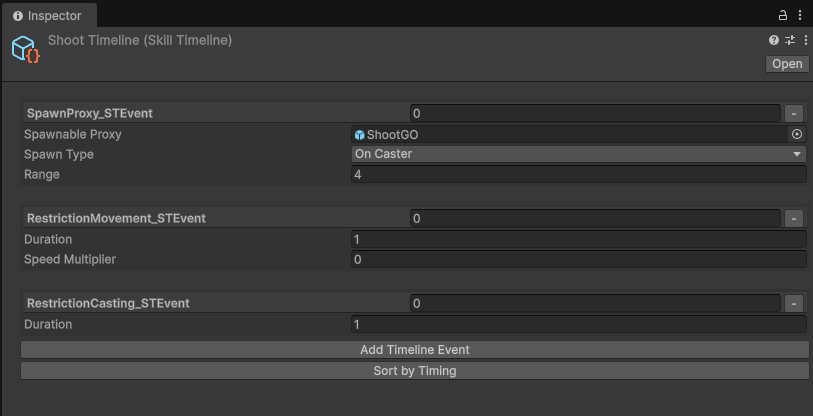 A skill timeline asset in the Unity inspector